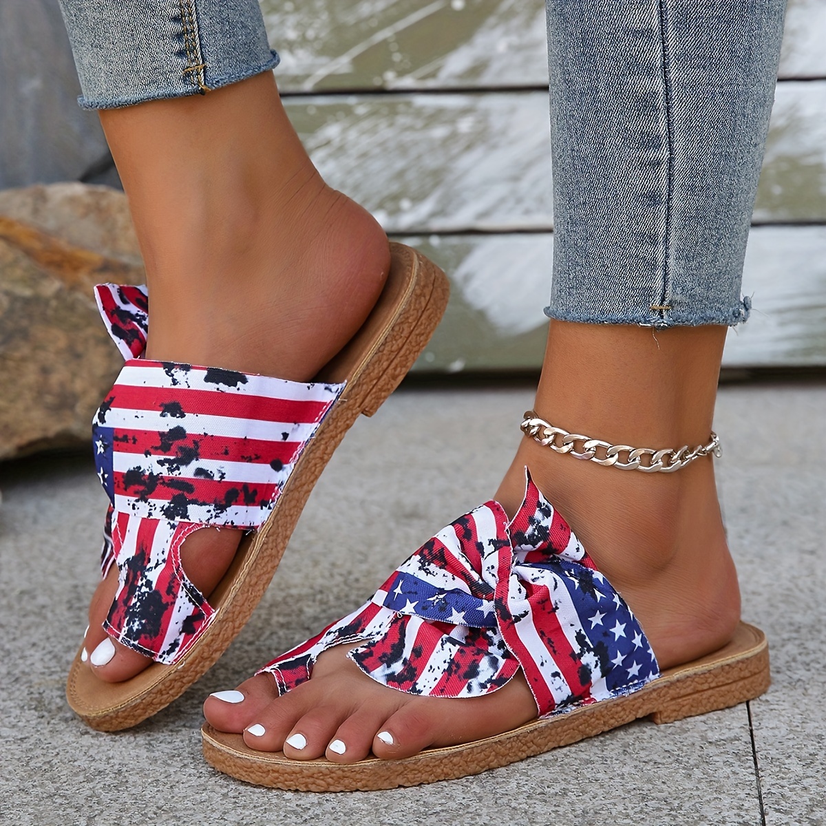 womens flag pattern slide sandals bowknot toe loop slip on flat shoes casual sandals for the 4th of july details 4