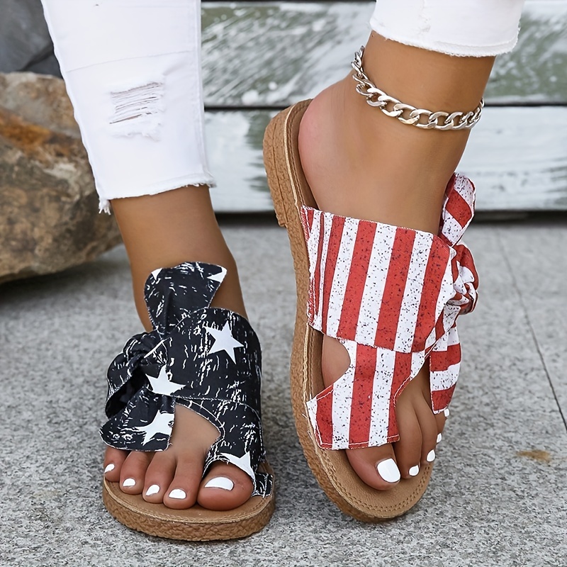 womens flag pattern slide sandals bowknot toe loop slip on flat shoes casual sandals for the 4th of july details 5