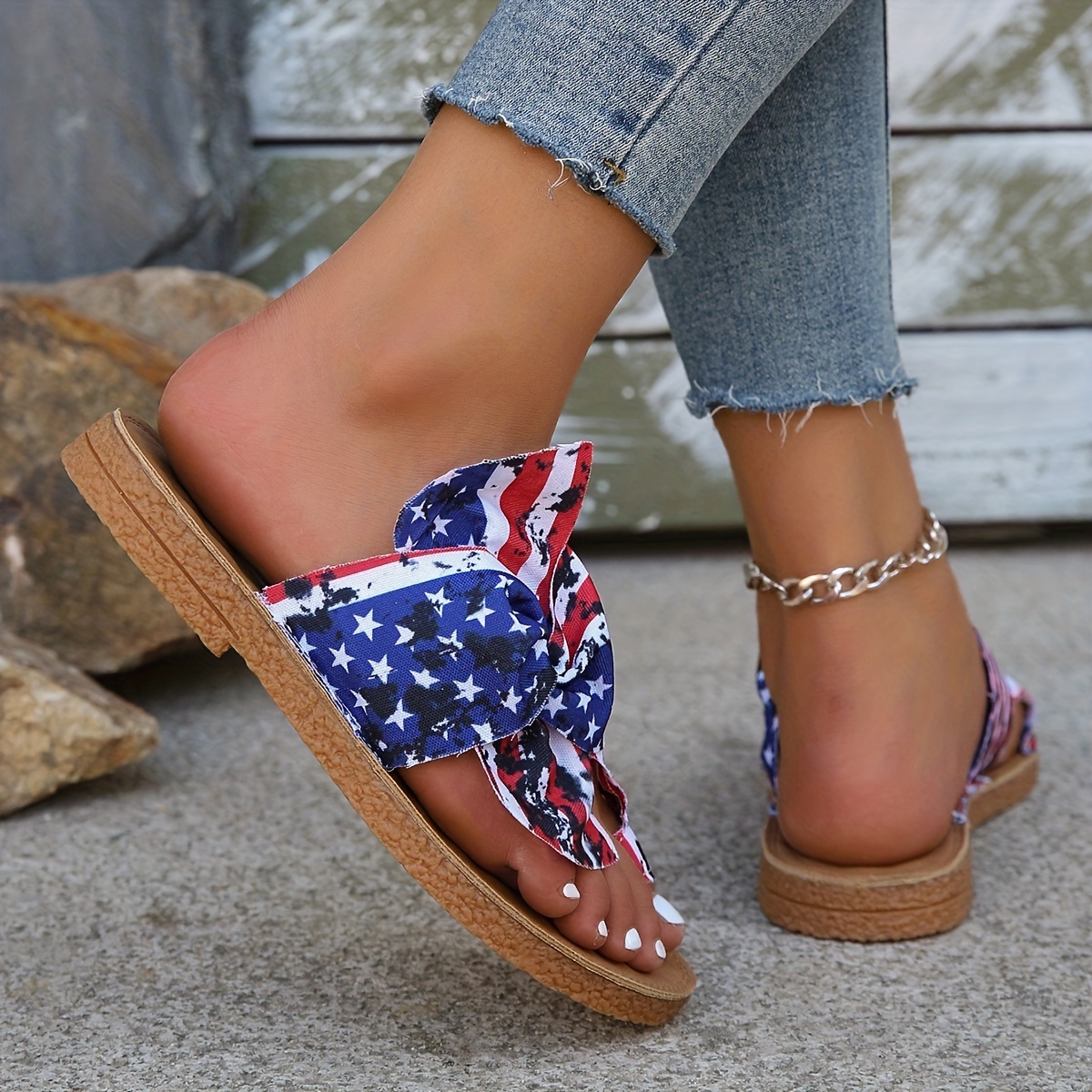 womens flag pattern slide sandals bowknot toe loop slip on flat shoes casual sandals for the 4th of july details 9