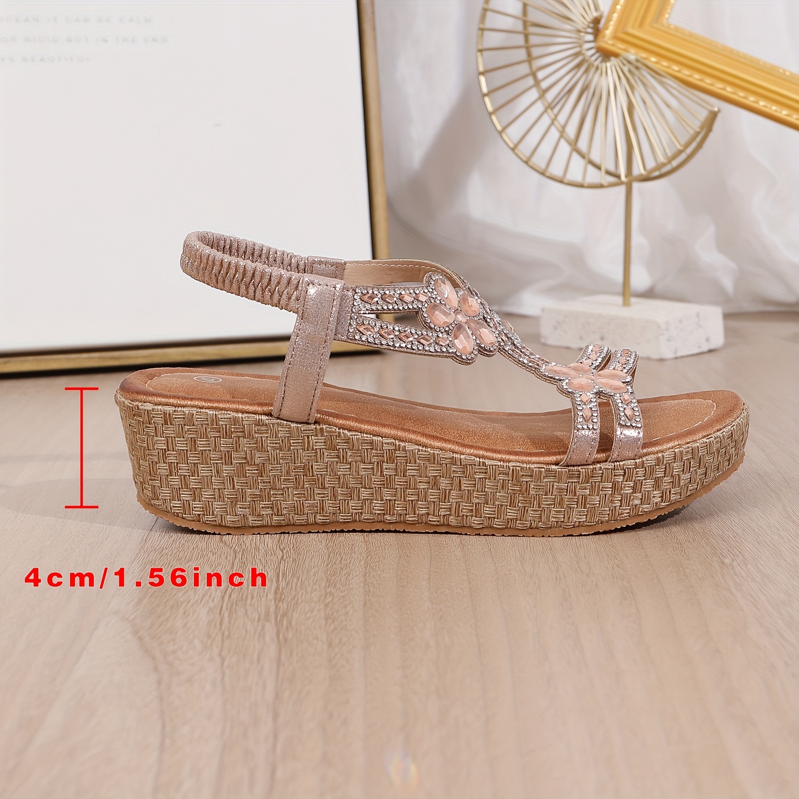 Women s Flower Rhinestone Wedge Sandals, Summer Elastic Band Slip On Shoes, Casual Outdoor Platform Sandals details 1