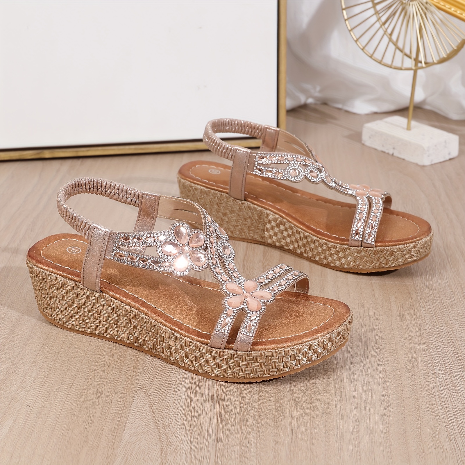 Women s Flower Rhinestone Wedge Sandals, Summer Elastic Band Slip On Shoes, Casual Outdoor Platform Sandals details 3