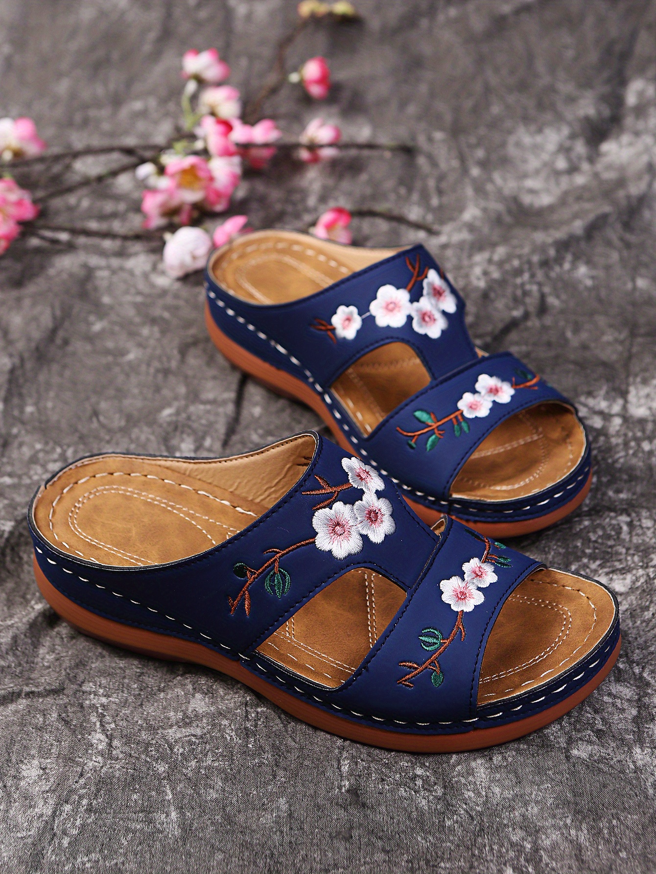 womens wedge slide sandals floral embroidered slip on shoes comfort sandals with arch support details 6