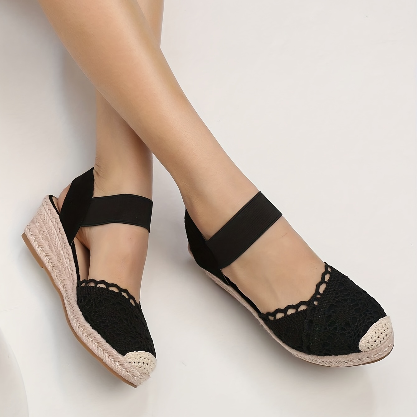 womens wedge espadrille sandals lace closed toe elastic ankle strap slip on shoes casual slingback sandals details 1