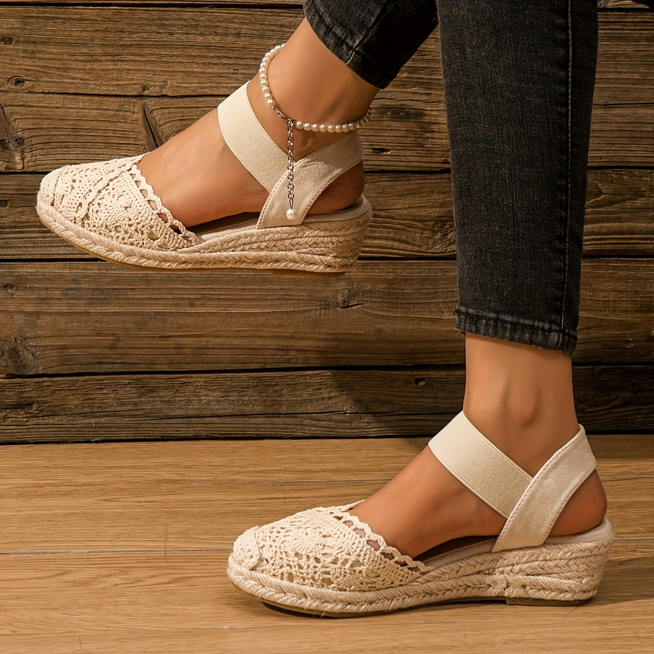 womens wedge espadrille sandals lace closed toe elastic ankle strap slip on shoes casual slingback sandals details 5