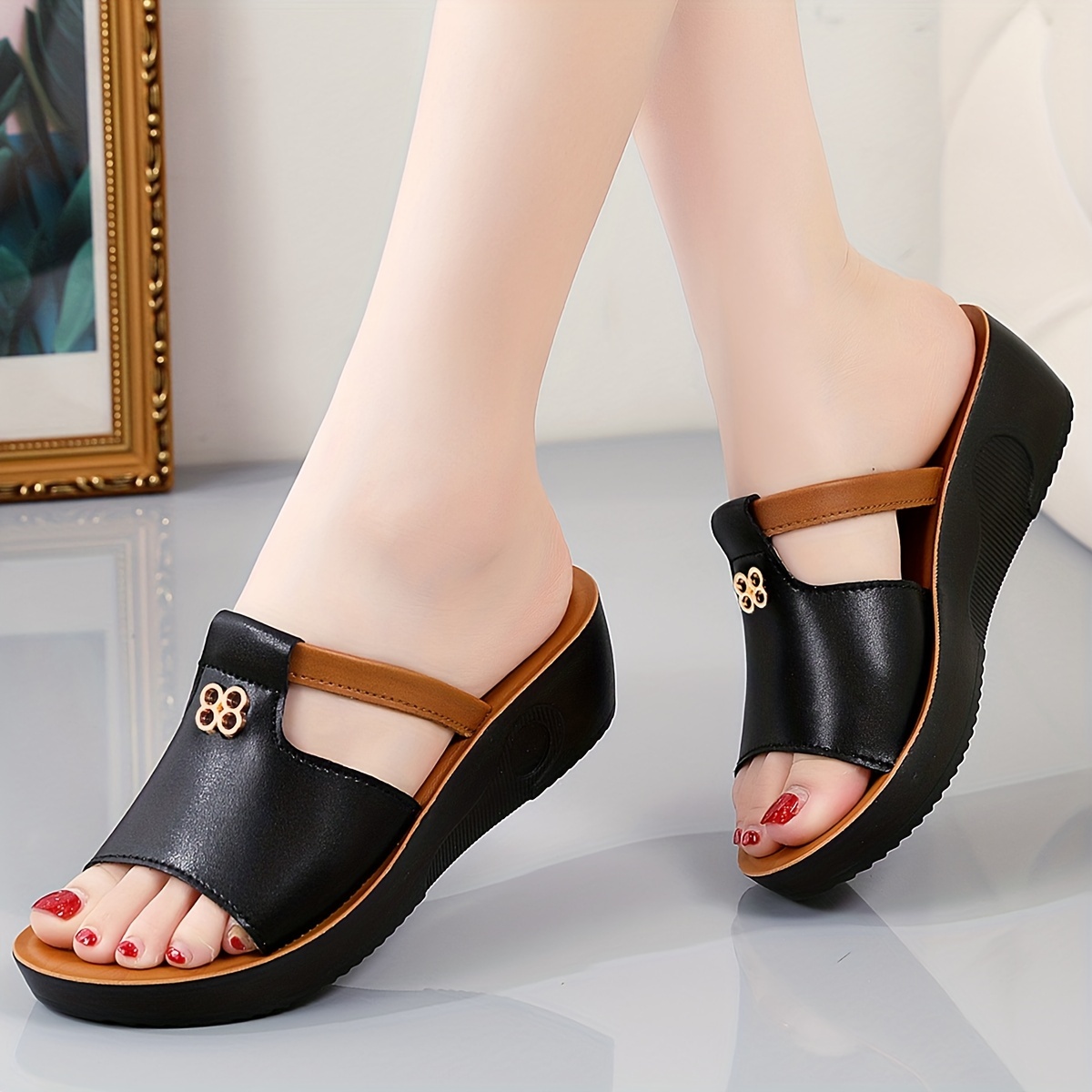 womens cut out design wedge sandals casual slip on platform shoes lightweight comfortable summer shoes details 1