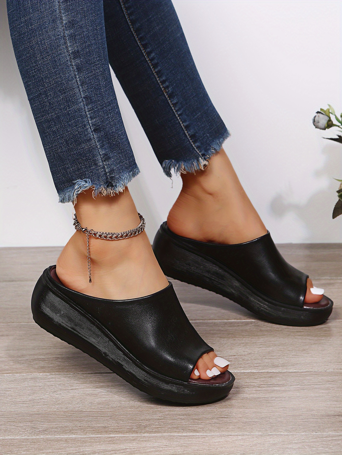 womens wedge sandals slip on open toe soft sole wear resistant slides faux leather platform slides details 1