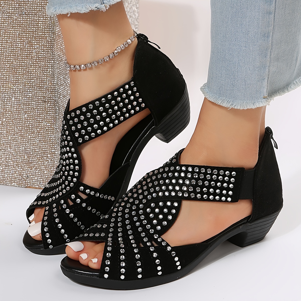 womens rhinestone pattern sandals peep toe back zipper chunky heel side cut out wedge shoes versatile glitter comfy shoes details 0