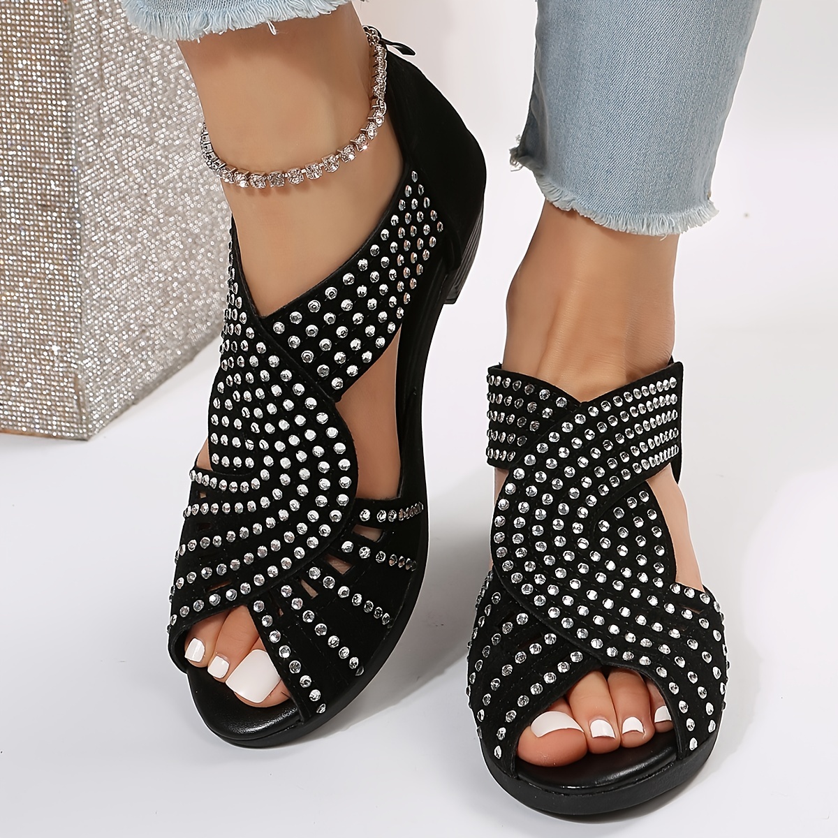 womens rhinestone pattern sandals peep toe back zipper chunky heel side cut out wedge shoes versatile glitter comfy shoes details 3