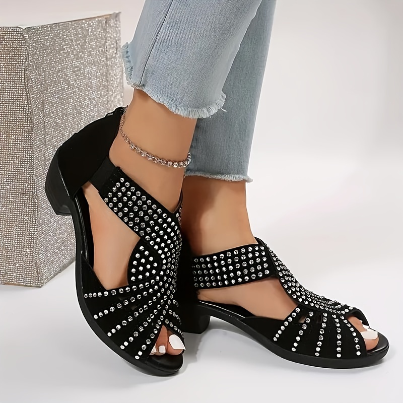 womens rhinestone pattern sandals peep toe back zipper chunky heel side cut out wedge shoes versatile glitter comfy shoes details 4