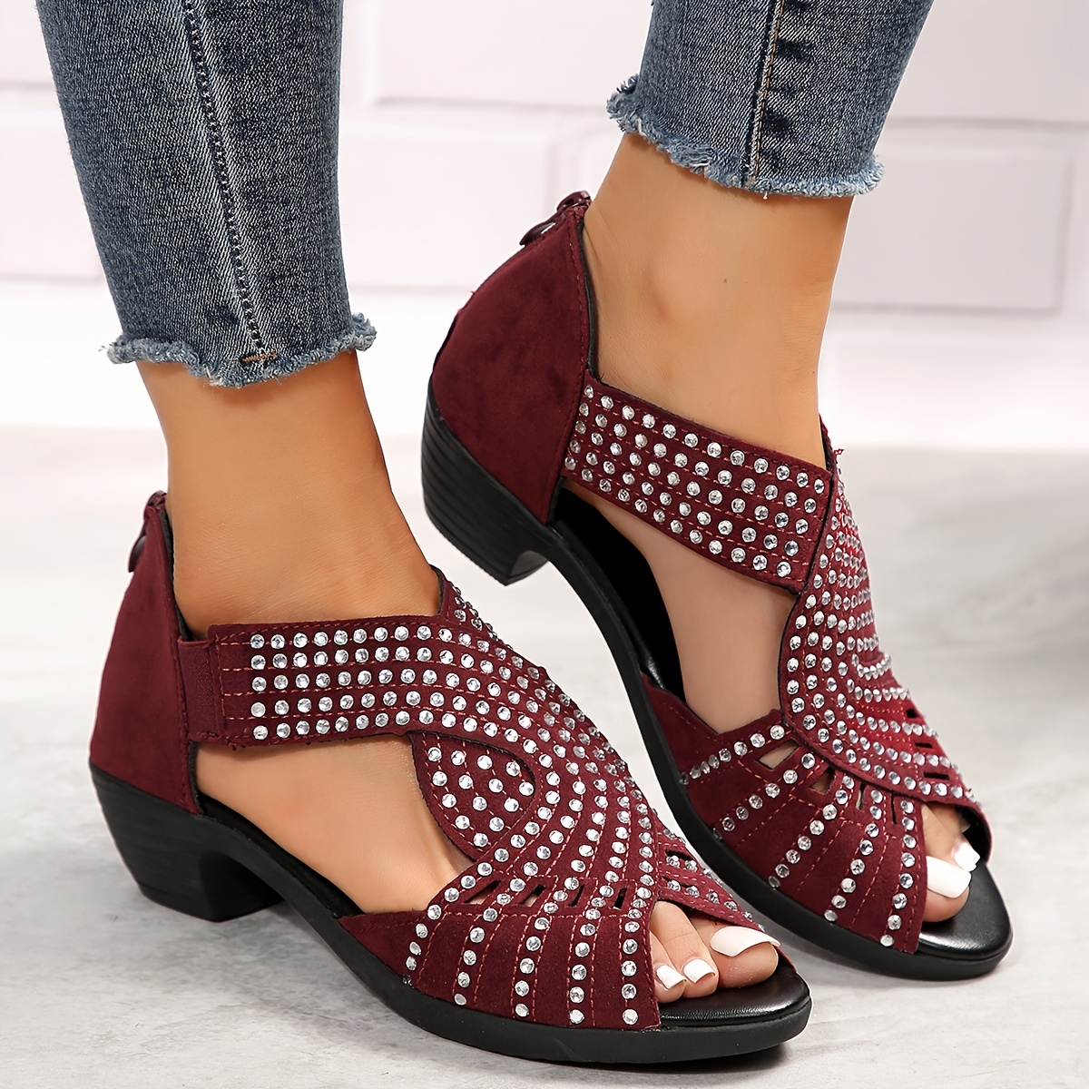 womens rhinestone pattern sandals peep toe back zipper chunky heel side cut out wedge shoes versatile glitter comfy shoes details 7