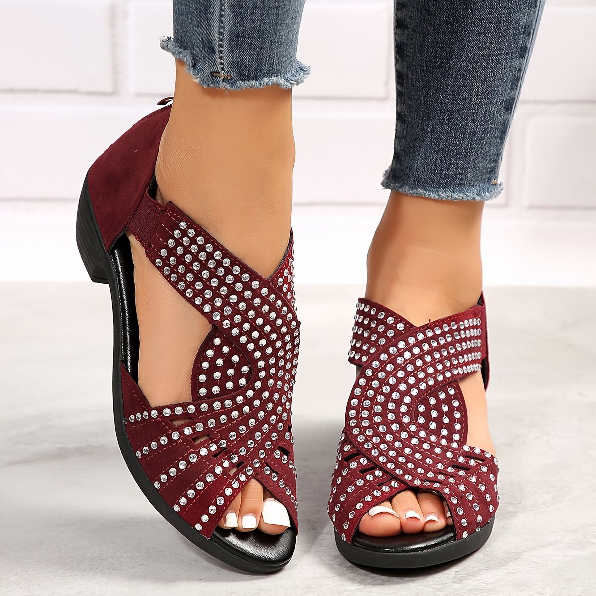 womens rhinestone pattern sandals peep toe back zipper chunky heel side cut out wedge shoes versatile glitter comfy shoes details 8