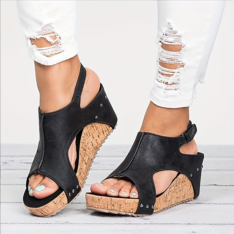 womens platform wedge sandals open toe cut out slingback heels fashion wood grain sandals details 1