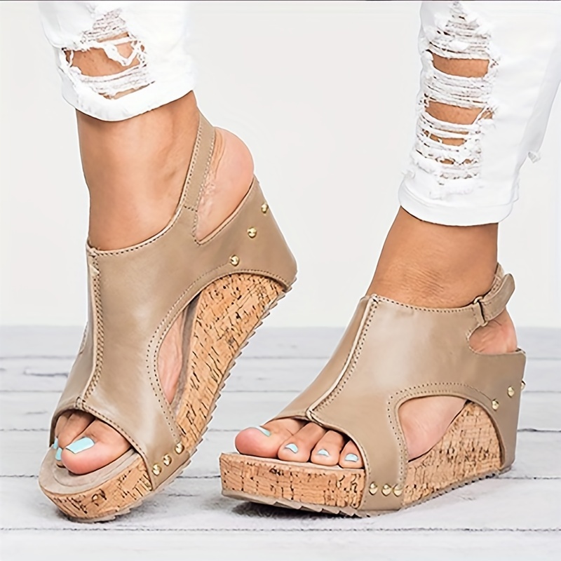 womens platform wedge sandals open toe cut out slingback heels fashion wood grain sandals details 2