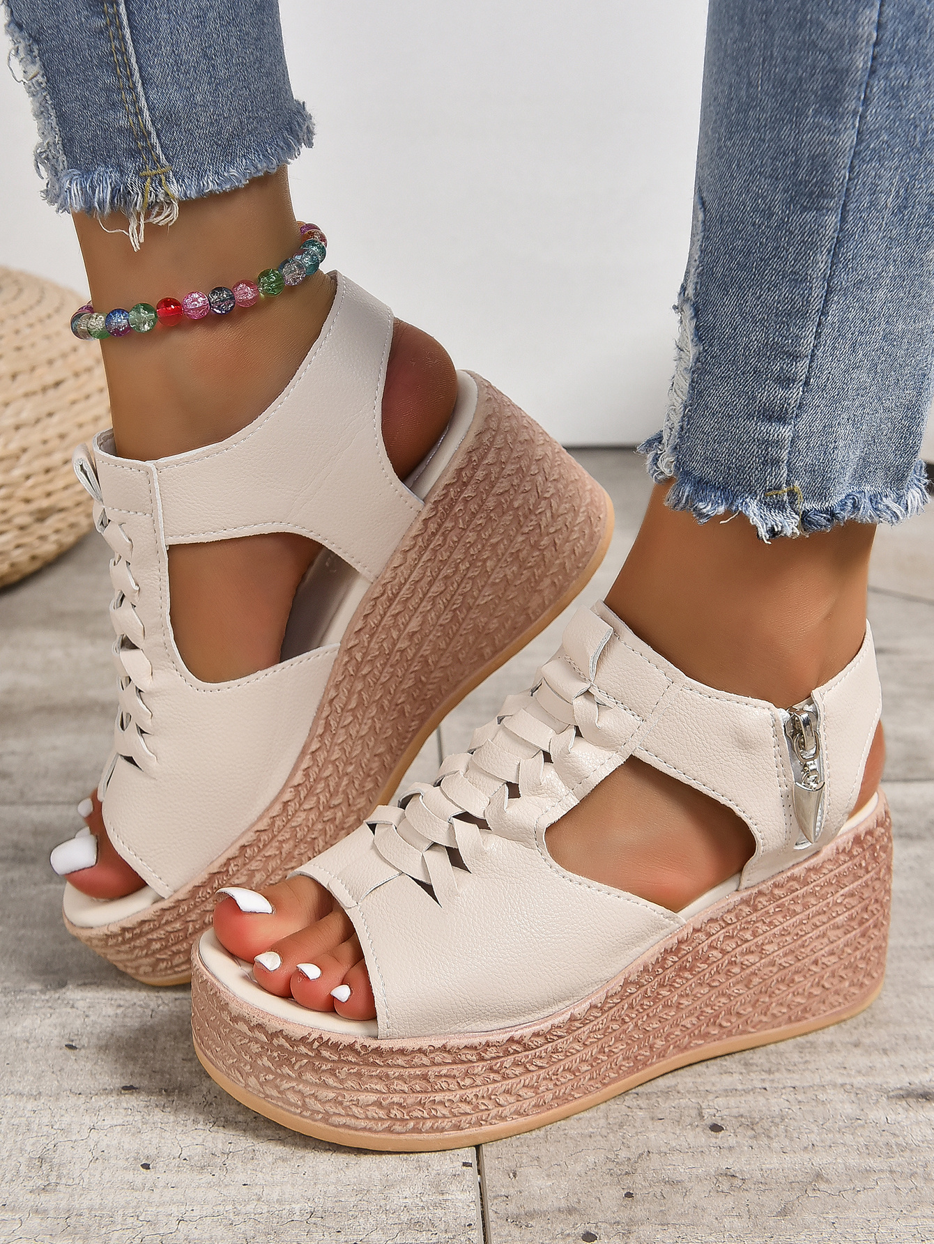 womens cutout design wedge sandals casual side zipper platform sandals comfortable summer shoes details 1