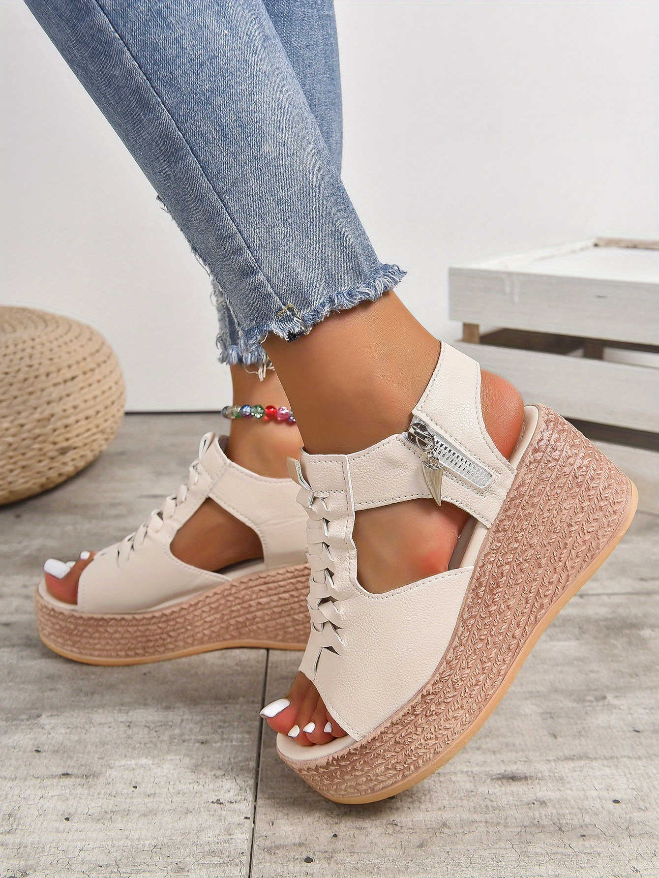 womens cutout design wedge sandals casual side zipper platform sandals comfortable summer shoes details 2