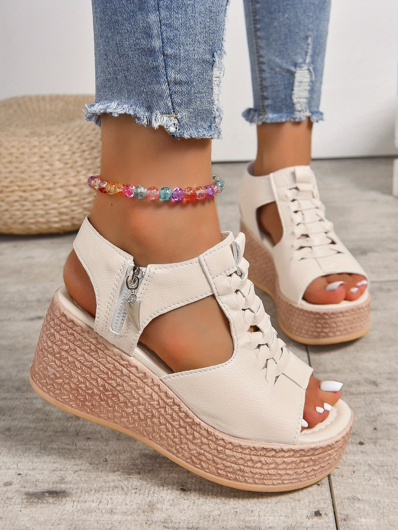 womens cutout design wedge sandals casual side zipper platform sandals comfortable summer shoes details 4