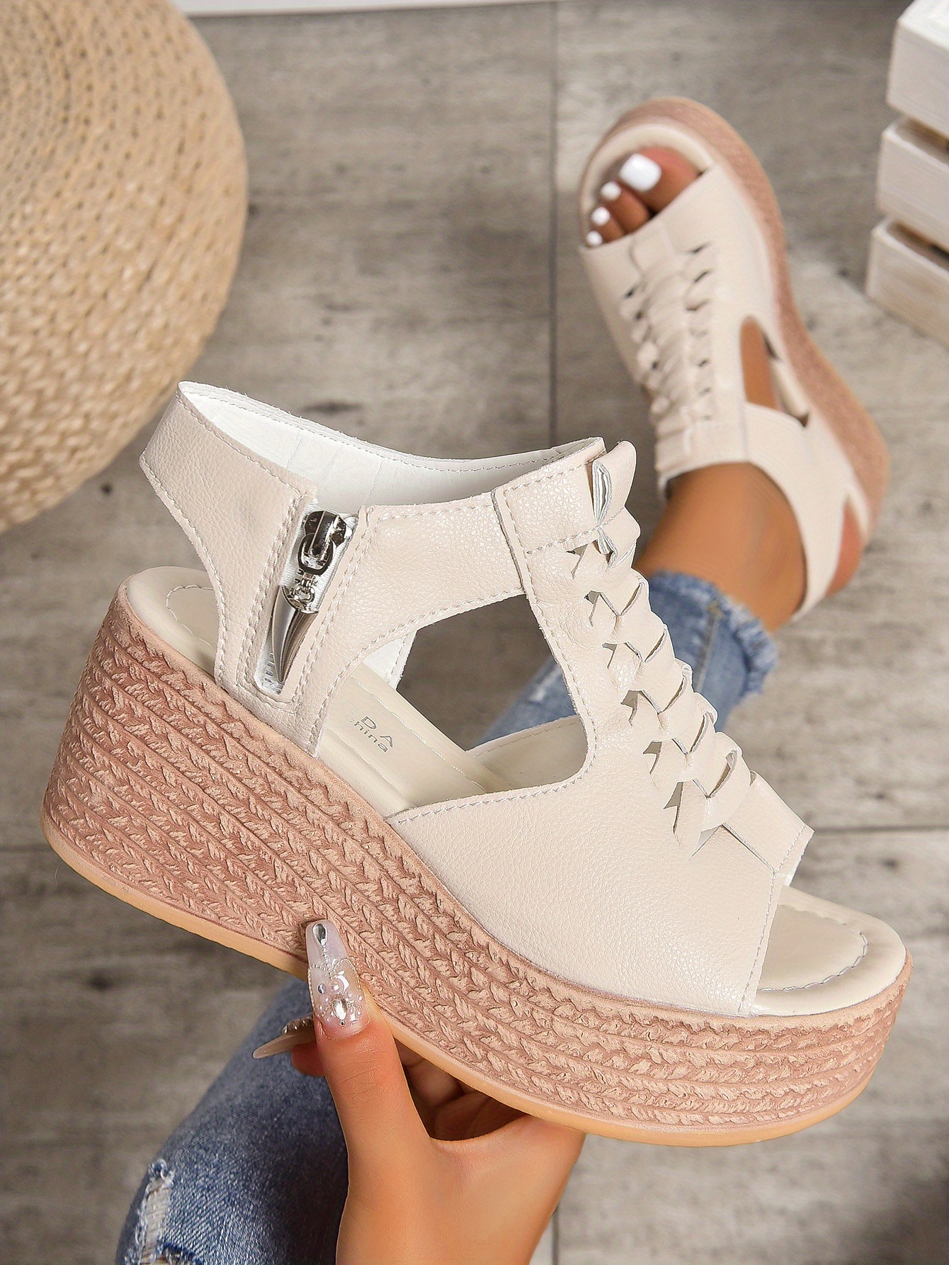 womens cutout design wedge sandals casual side zipper platform sandals comfortable summer shoes details 7