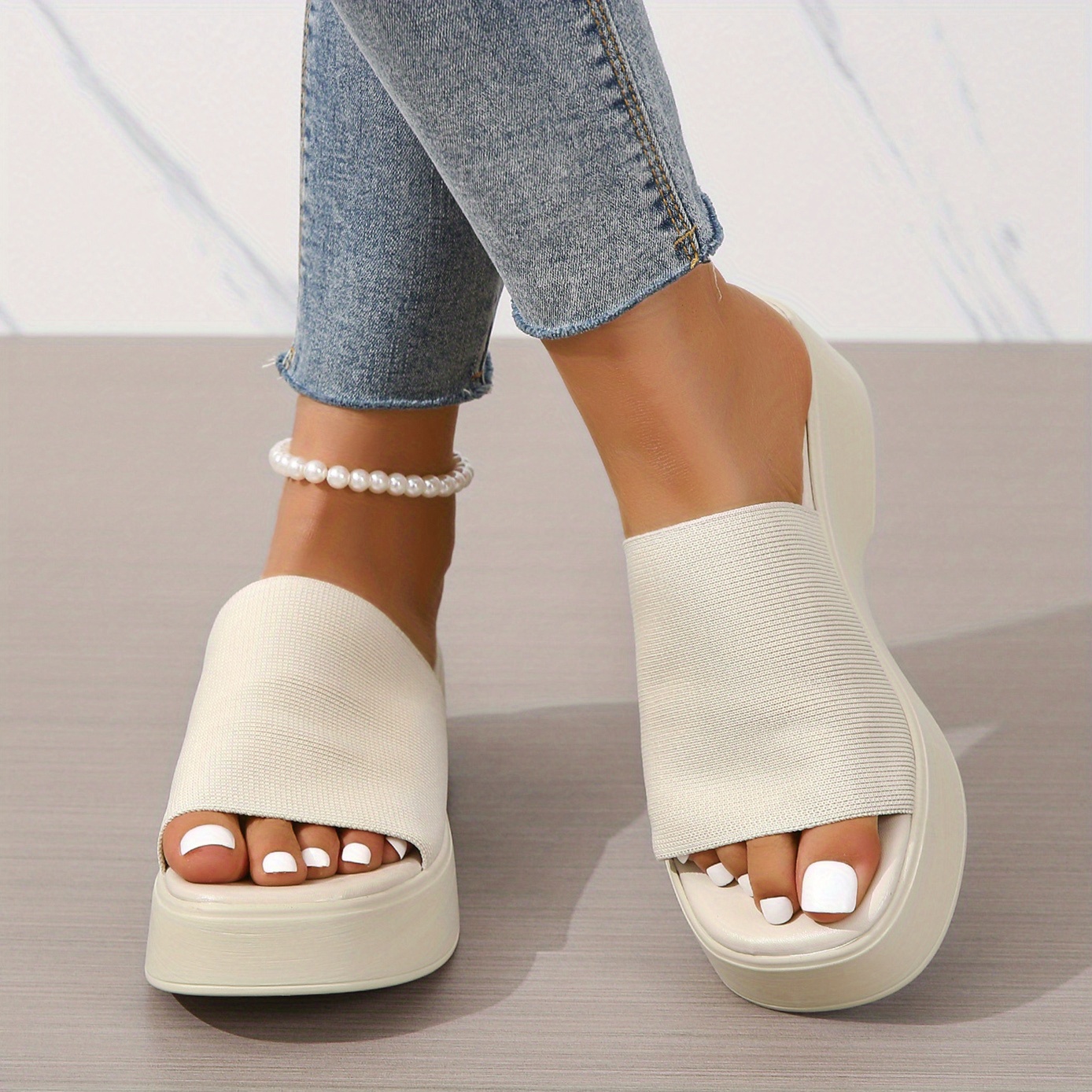 womens platform slide snadlas fabric open toe chunky heeled slide shoes stylish casual going out sandals details 10