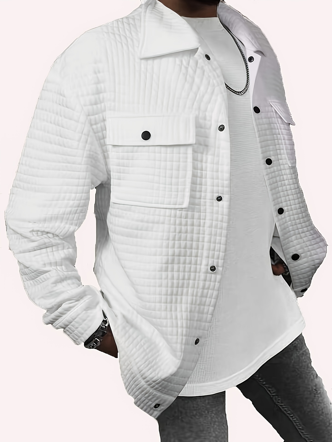 mens solid color chest pocket shirt jacket trendy loose comfy shirt for autumn details 0