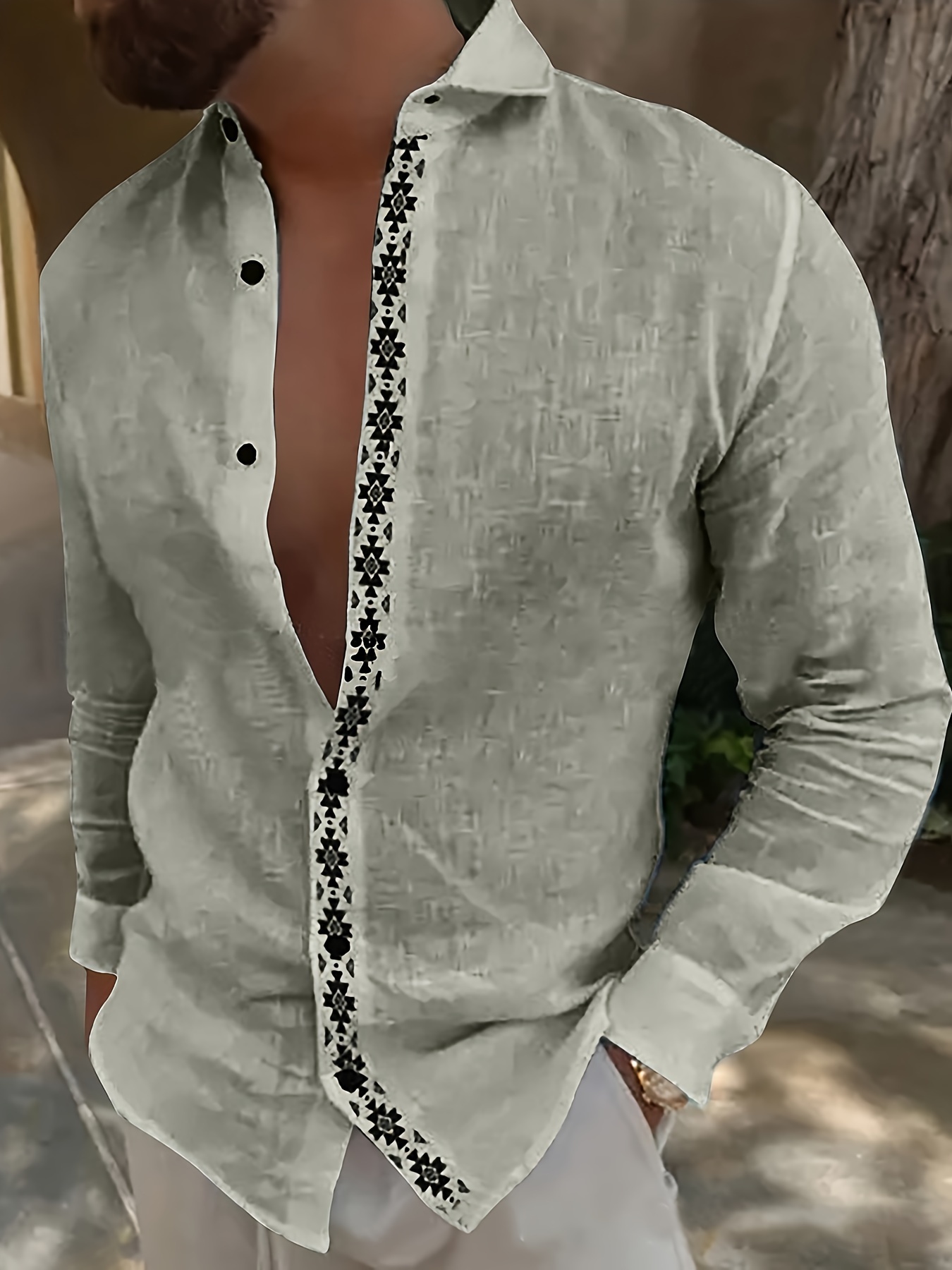 mens stylish loose geometric pattern shirt casual breathable lapel button up long sleeve shirt top for city walk street hanging outdoor activities details 11