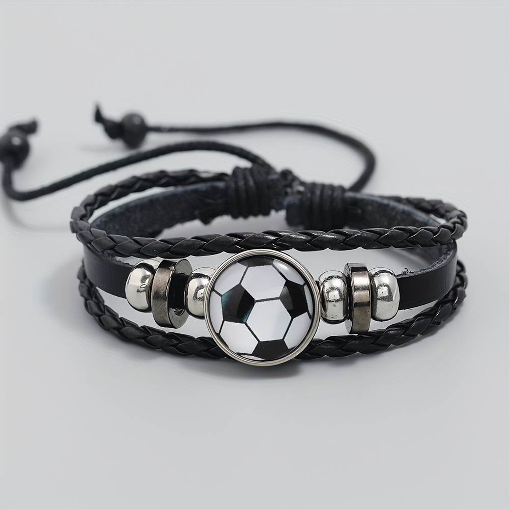 fashion trendy jewelry, 1pc fashion trendy jewelry cool beaded football fan pu leather bracelet memorial gift sports bracelet for men women details 1