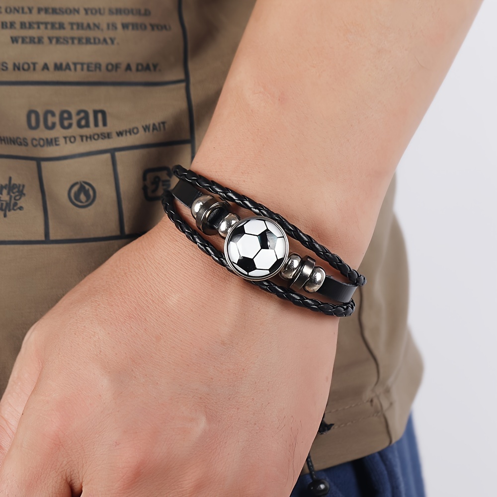 fashion trendy jewelry, 1pc fashion trendy jewelry cool beaded football fan pu leather bracelet memorial gift sports bracelet for men women details 3