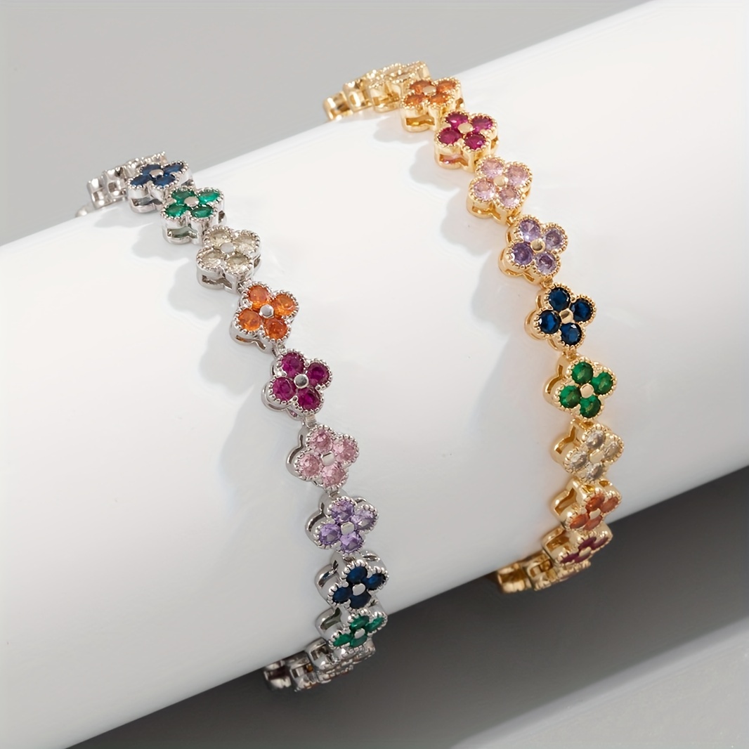 1pc colorful rainbow wedding gorgeous bracelets full clover white golden shiny zircon fashion jewelry accessories valentines day birthday gift for women man details 1