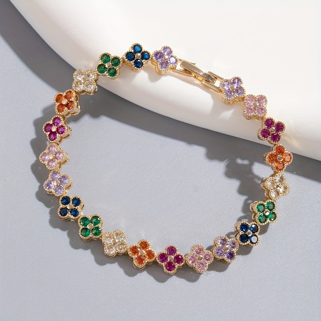 1pc colorful rainbow wedding gorgeous bracelets full clover white golden shiny zircon fashion jewelry accessories valentines day birthday gift for women man details 5