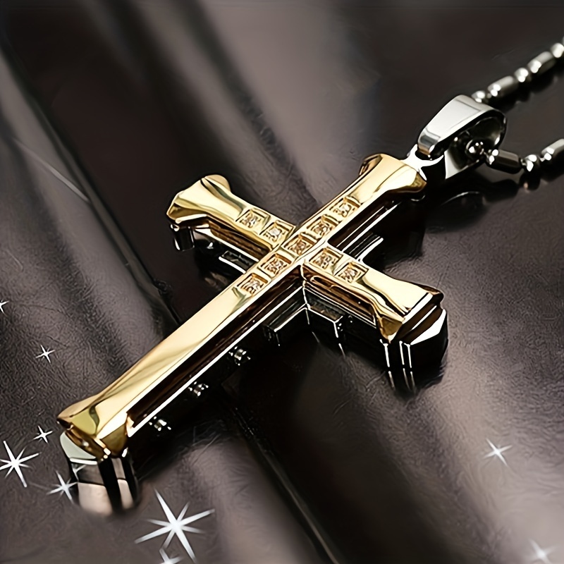 1pc titanium steel cross pendant necklace with zircon inlaid for men classic jewelry holiday gift details 2