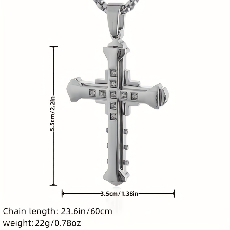 1pc titanium steel cross pendant necklace with zircon inlaid for men classic jewelry holiday gift details 3