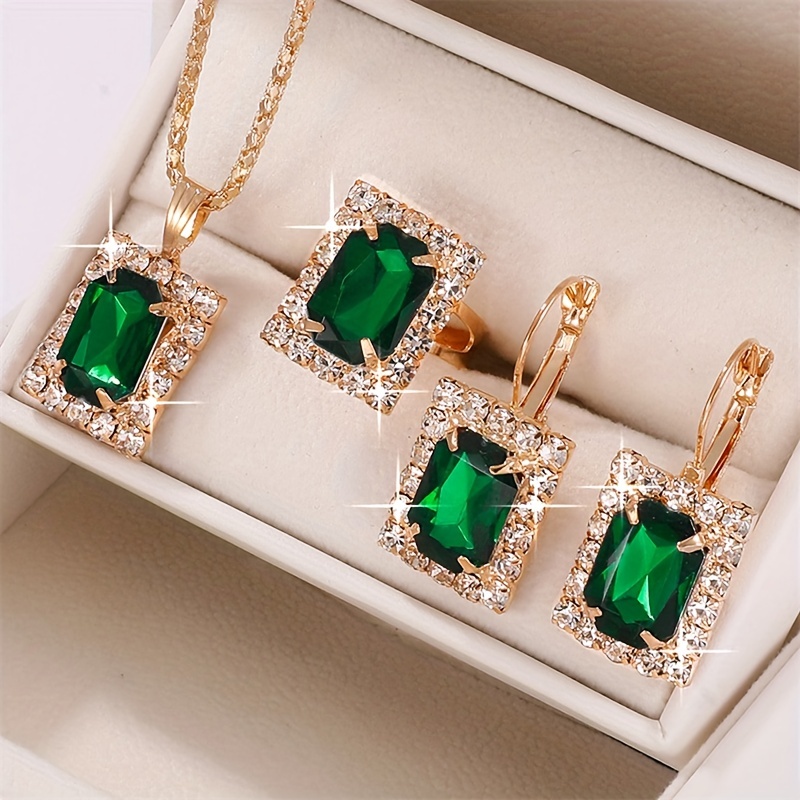 1 necklace 1 pair of earrings 1 ring elegant jewelry set classy rectangular design paved emerald zirconia match daily outfits party accessories details 1