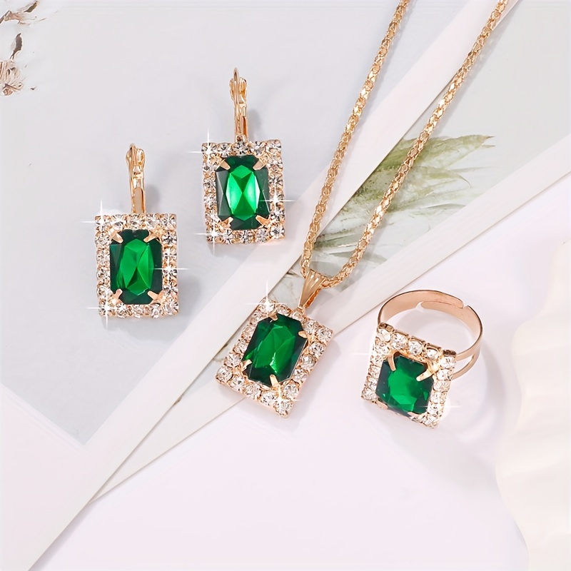 1 necklace 1 pair of earrings 1 ring elegant jewelry set classy rectangular design paved emerald zirconia match daily outfits party accessories details 6