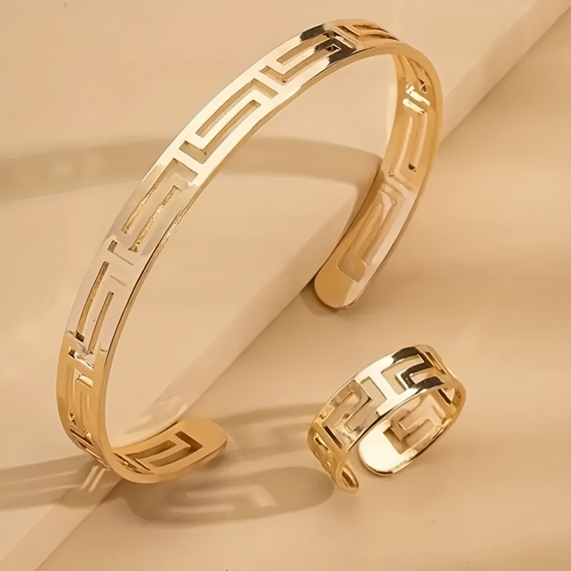 1 ring 1 bangle minimalist style jewelry set 18k gold plated chic hollow design suitable for men and women match daily outfits details 1