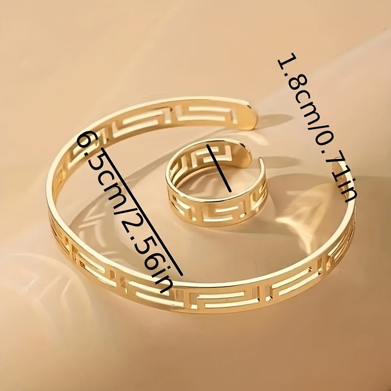 1 ring 1 bangle minimalist style jewelry set 18k gold plated chic hollow design suitable for men and women match daily outfits details 3