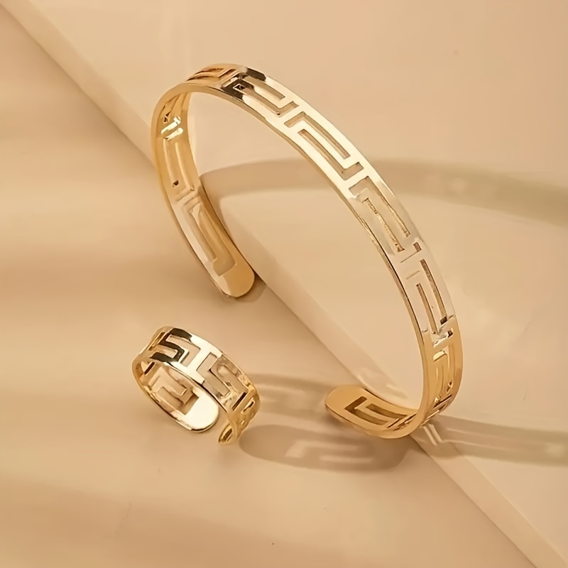 1 ring 1 bangle minimalist style jewelry set 18k gold plated chic hollow design suitable for men and women match daily outfits details 4