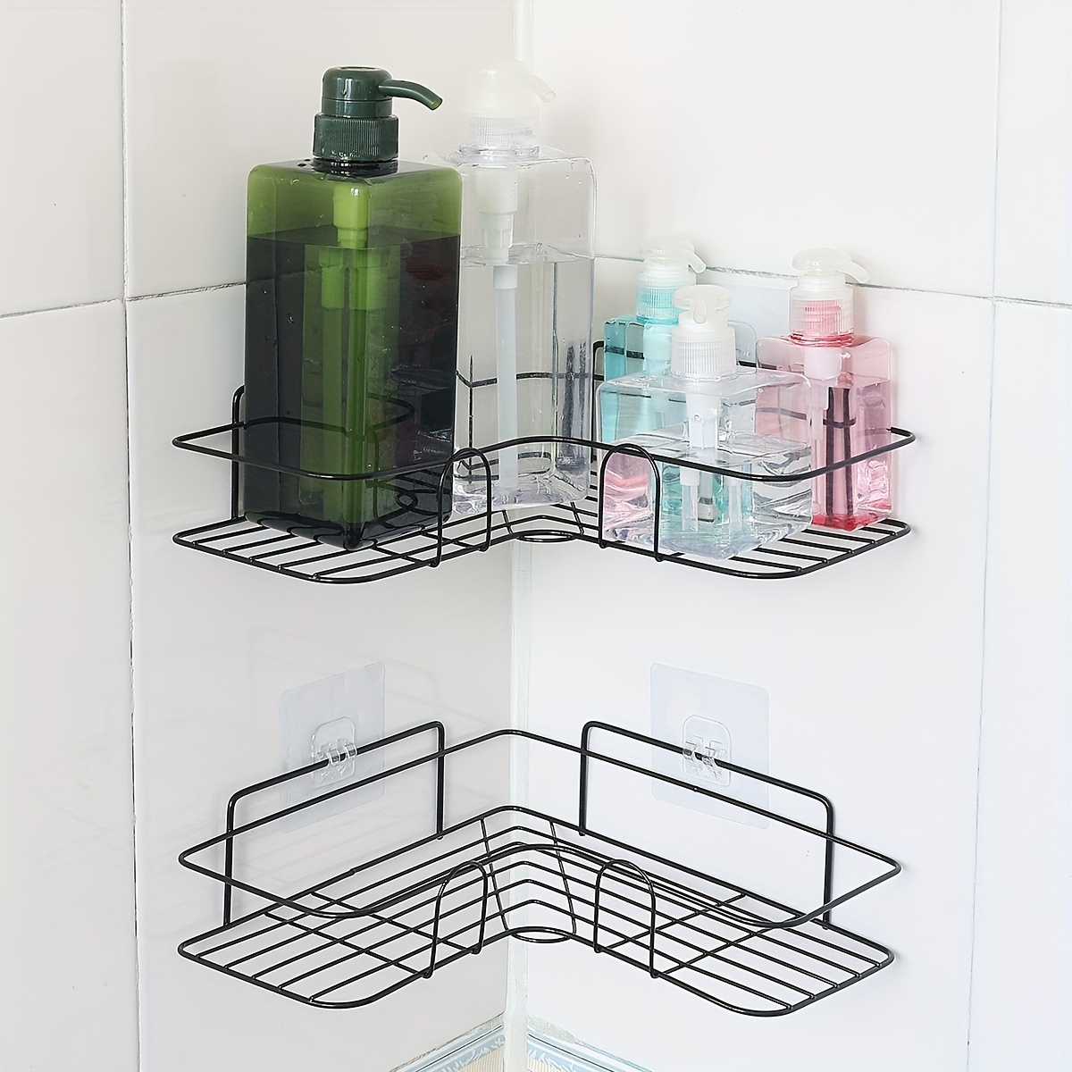 1pc bathroom storage rack bathroom punch corner frame shower shelf white black non punch bathroom tripod with 2 seamless stickers wall mounted bathroom vanity shelf kitchen bathroom organization and storage details 5